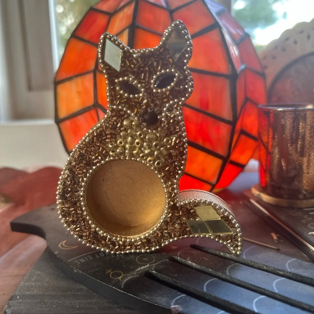 Pier 1 Gold Beaded Fox Candle Holder